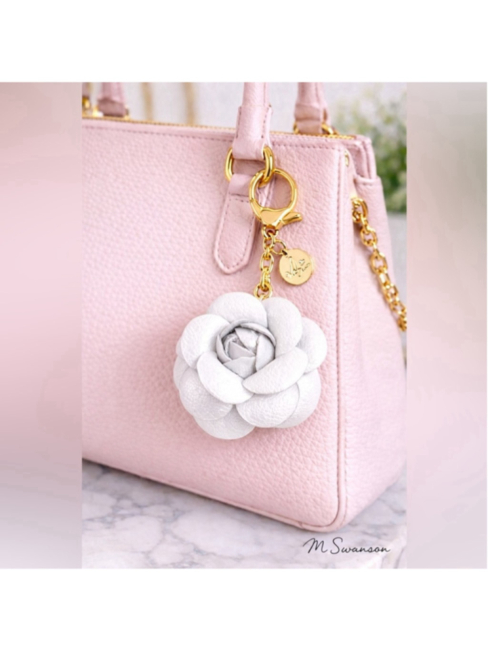NEW Camellia Rose Bag Charm Keychain White Vegan Leather Floral Charm NWT